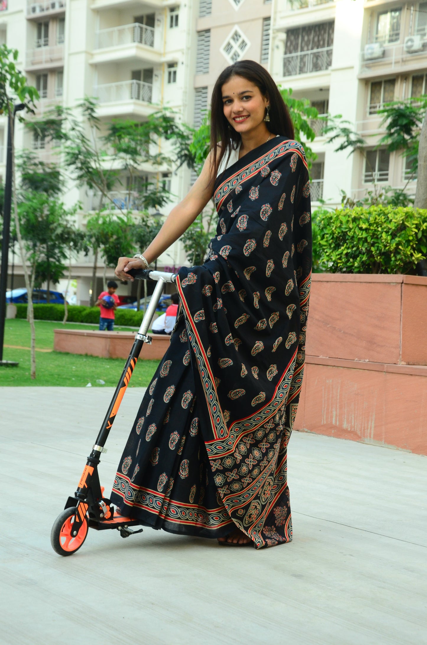 Black Ajrakh - Cotton Mulmul Handblock Saree