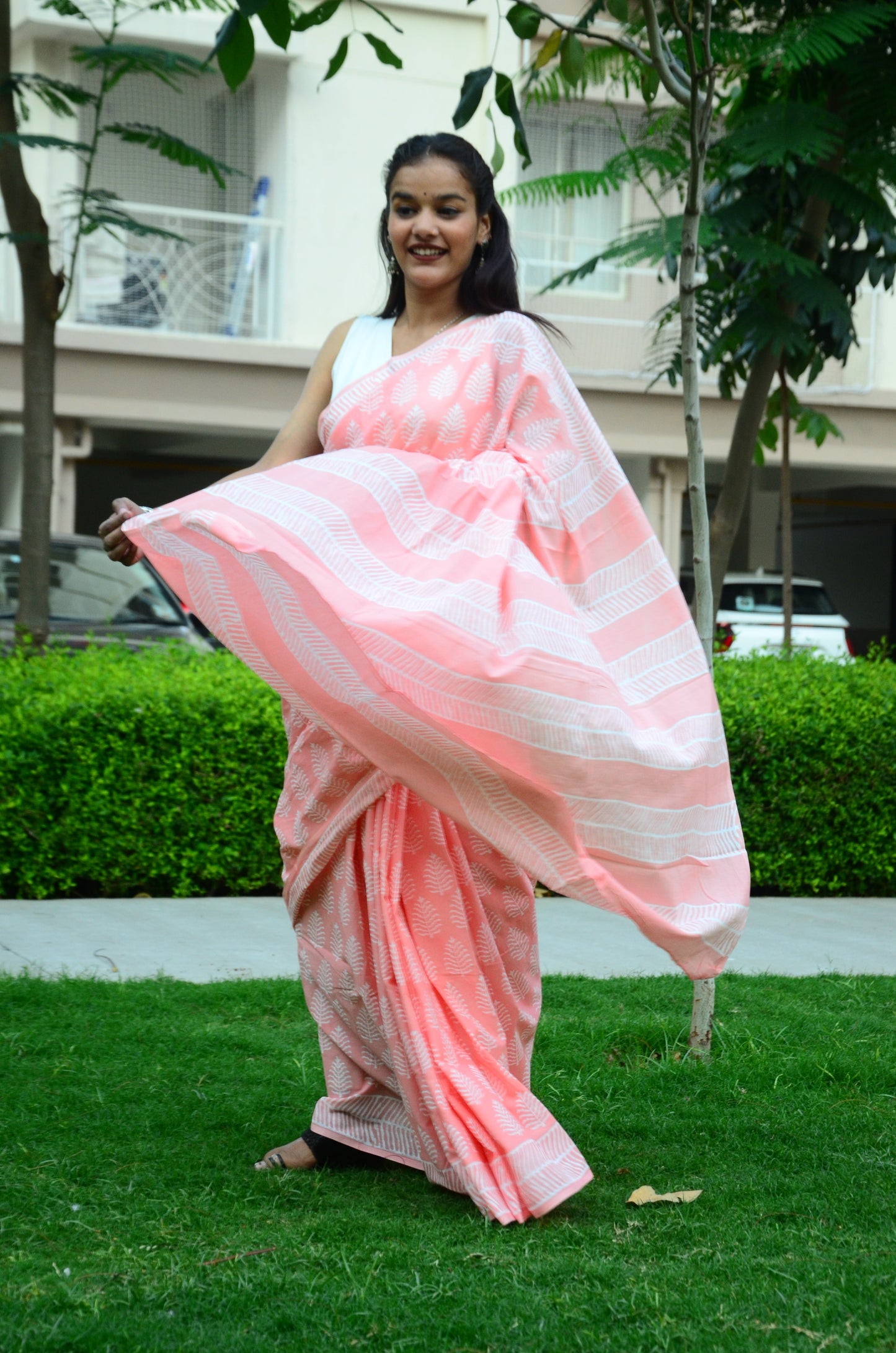 Summer Vacation Collection - Peachy Affair- Handblock Print Natural Dyed - Mulmul Cotton Saree