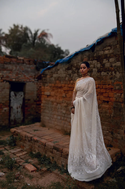 Handloom Off White Pure Cotton Jamdani Saree with White Woven Border