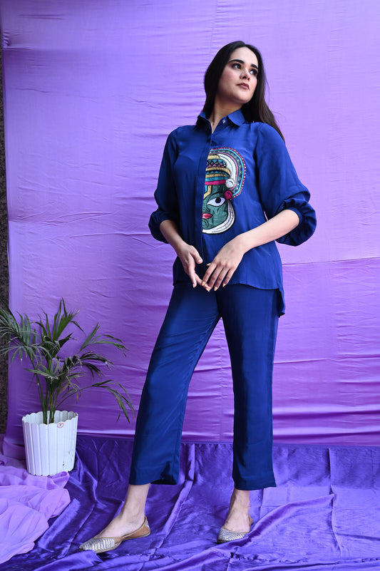 Embroidered Kathakali Face Solid Blue Coord Set