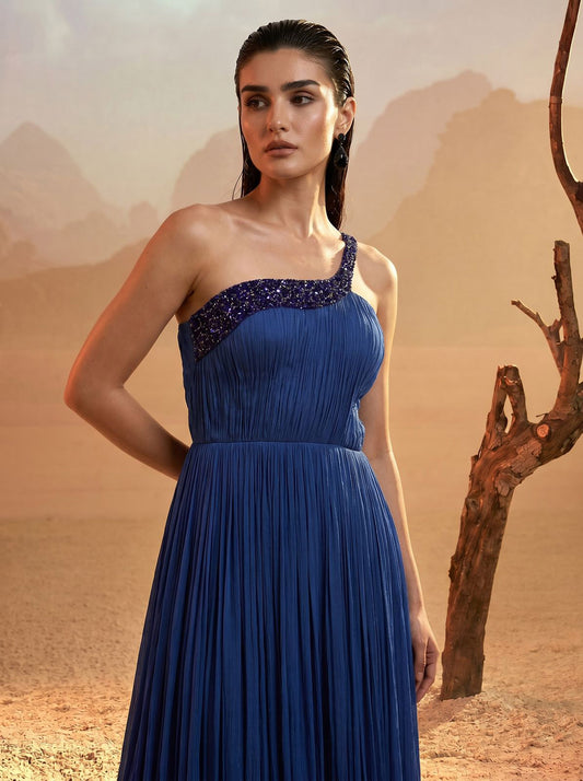 Blue One-Shoulder Pure Chinnon Party Wear Pleated Gown