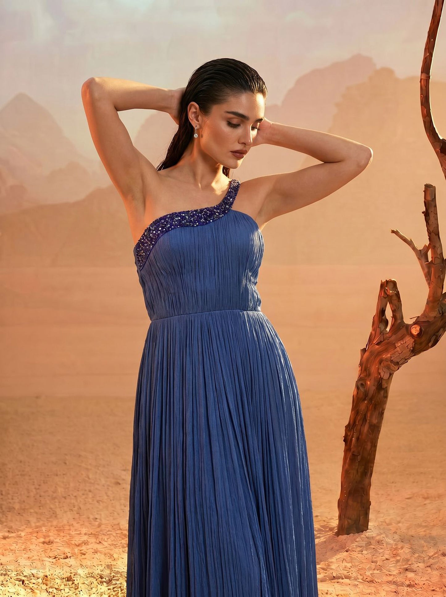 Blue One-Shoulder Pure Chinnon Party Wear Pleated Gown