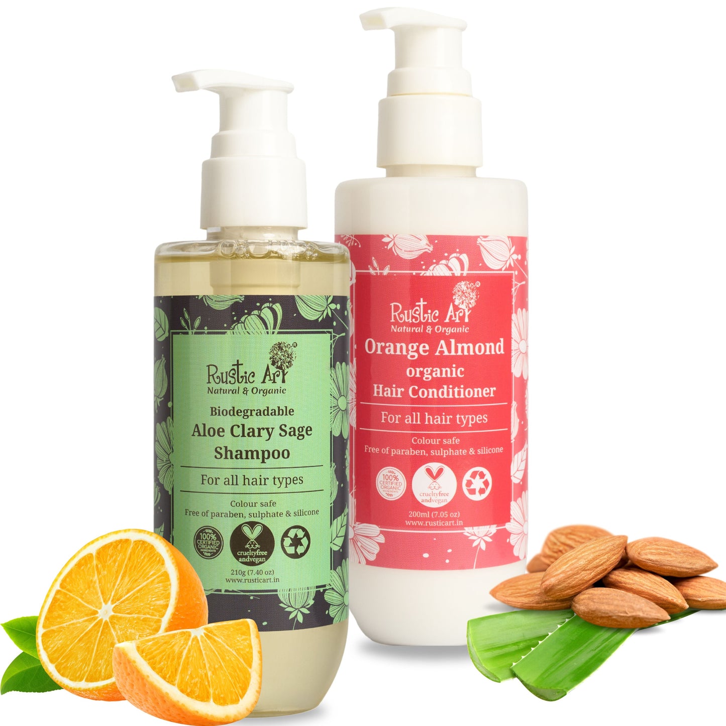 Delight Hair Care Combo- Aloe Clary Sage Shampoo & Orange Almond Hair Conditioner, Rustic Art