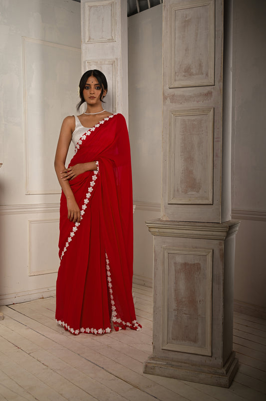 Dhalta sooraj | Red Cotton Saree With Stitched Lace Floral Embroidered Border