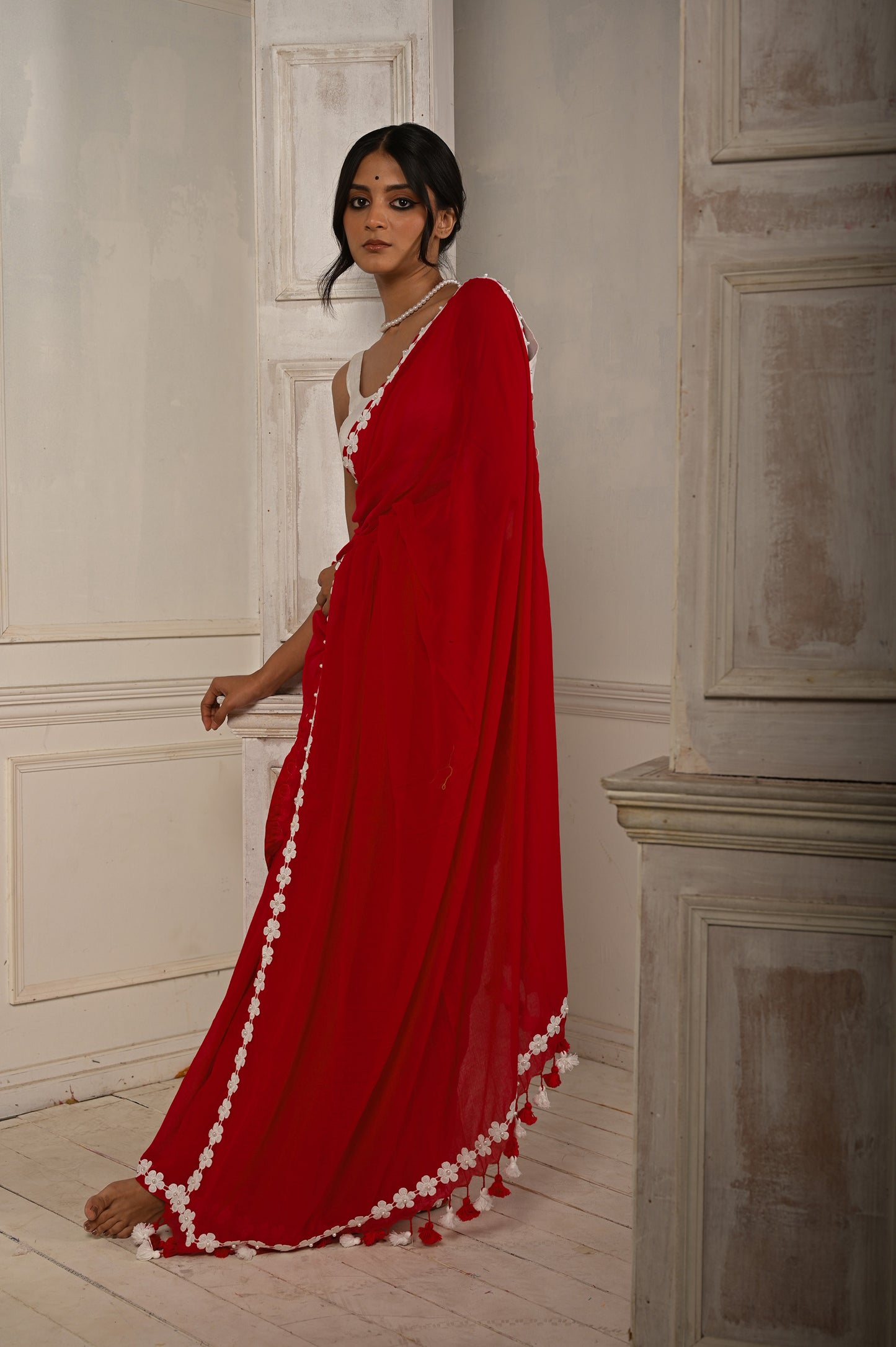 Dhalta sooraj | Red Cotton Saree With Stitched Lace Floral Embroidered Border
