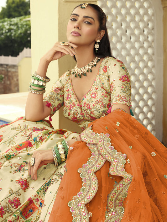 Cream & Orange Silk Heavy Cut Work and Mirror Embroidery Bridal Lehenga