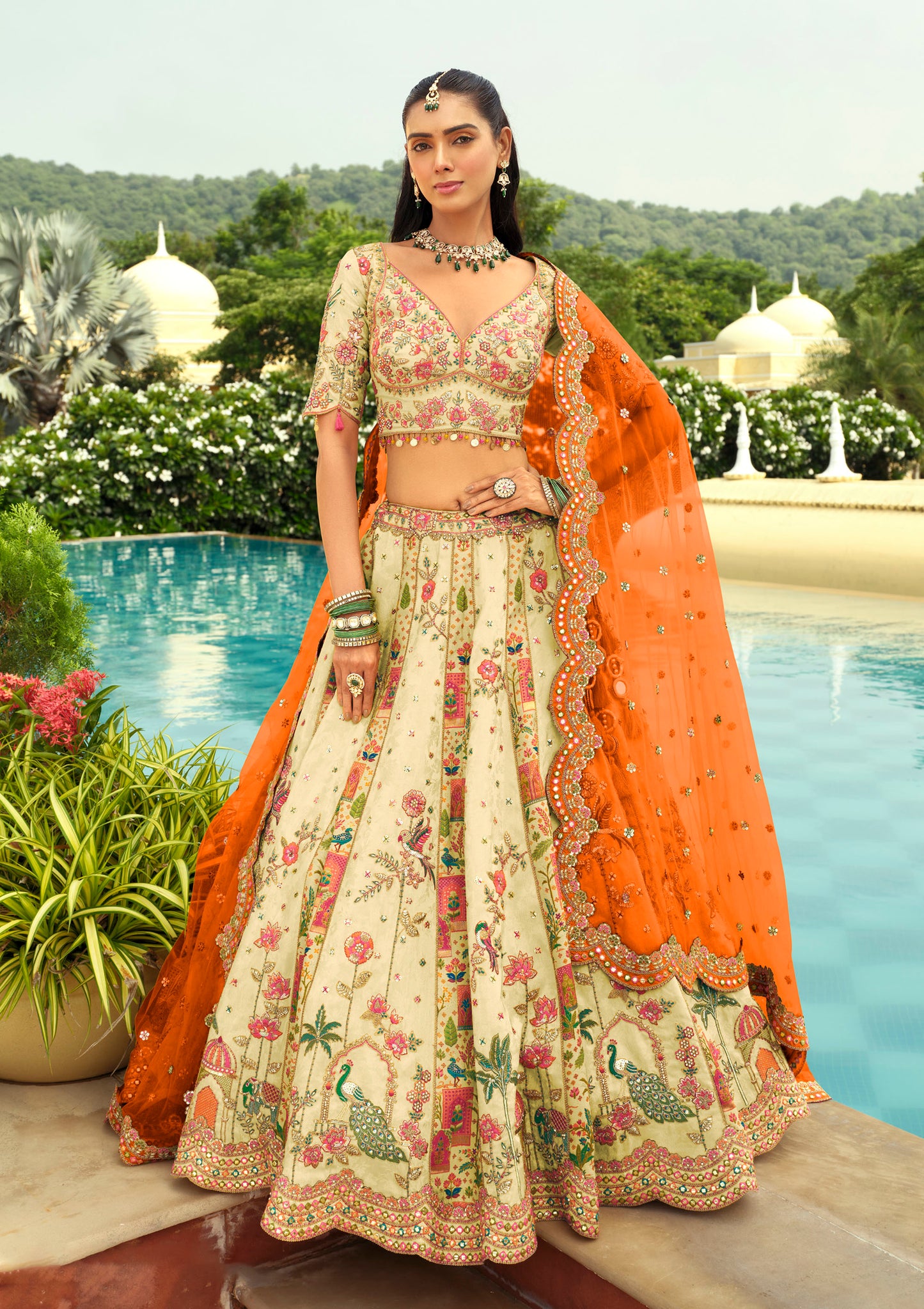 Cream & Orange Silk Heavy Cut Work and Mirror Embroidery Bridal Lehenga