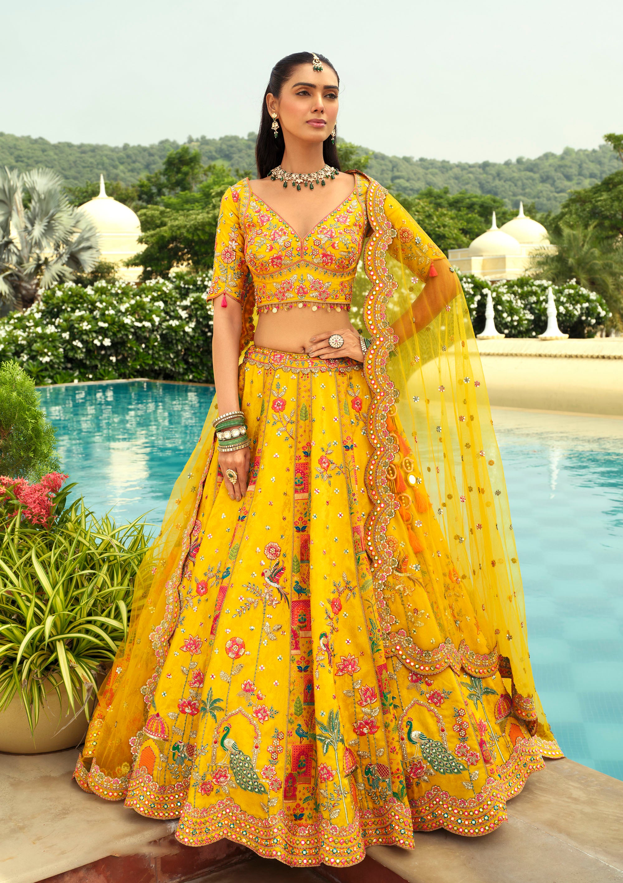 Yellow Silk Heavy Cut Work and Mirror Embroidery Haldi Lehenga for