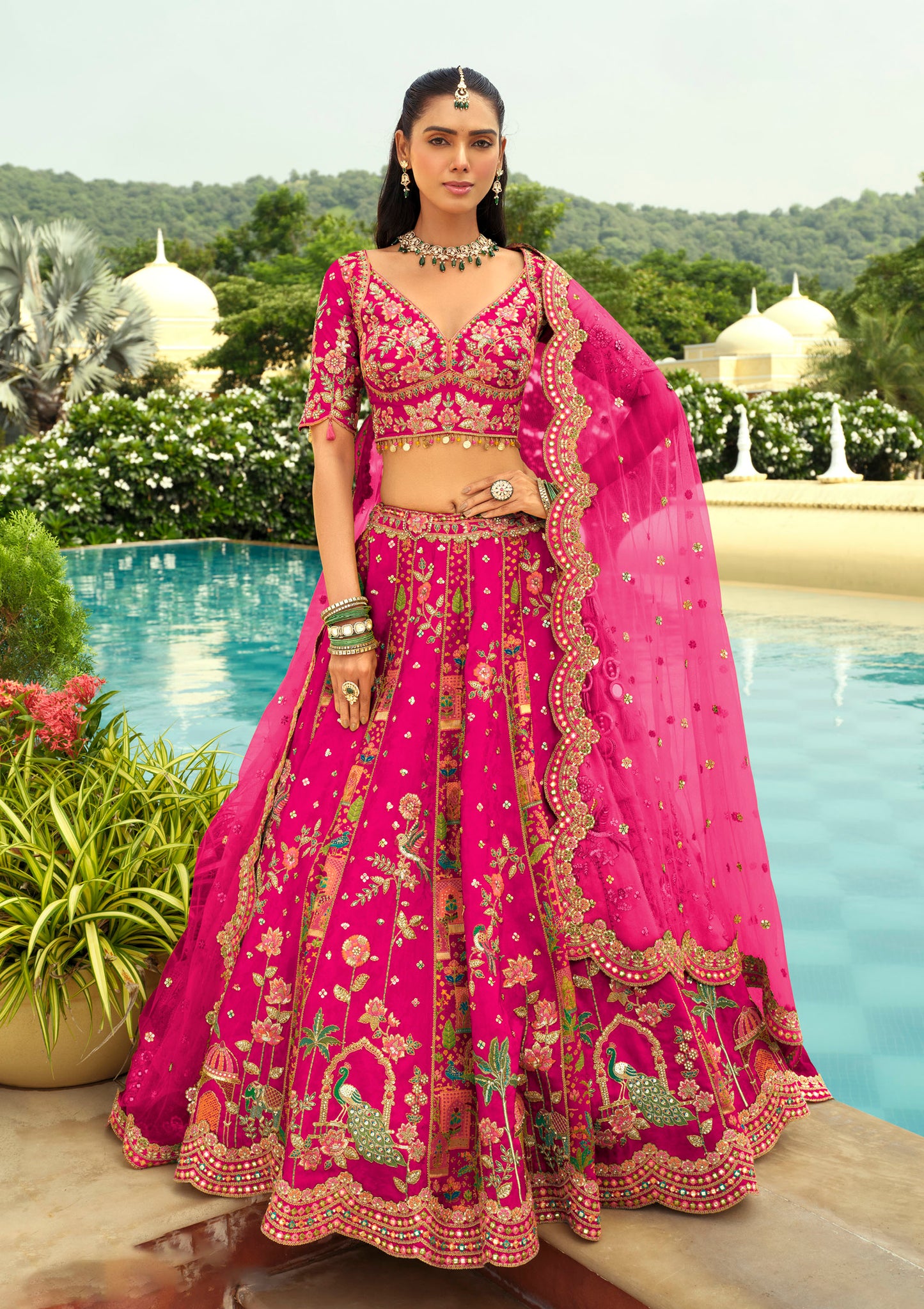 Rani Pink Silk Heavy Cut Work and Mirror Embroidery Bridal Lehenga
