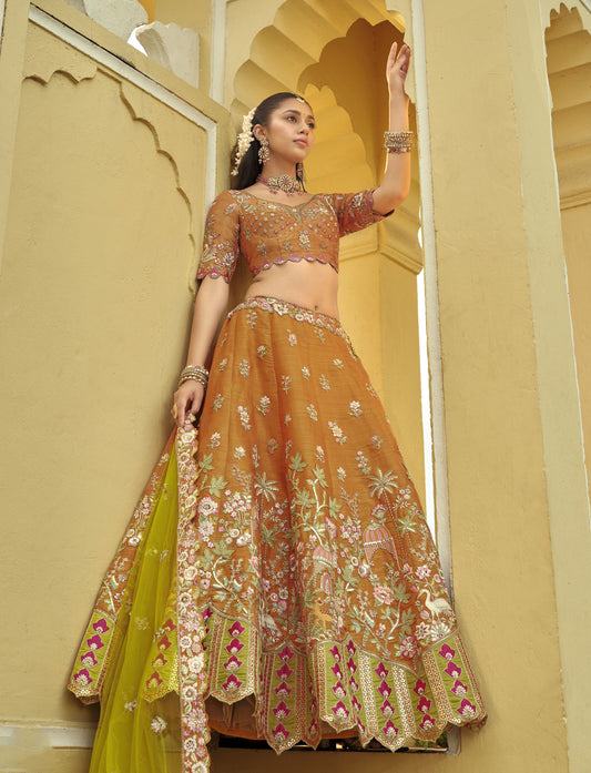 Green & Orange Silk Heavy Cut Work and Mirror Embroidery Bridal Lehenga