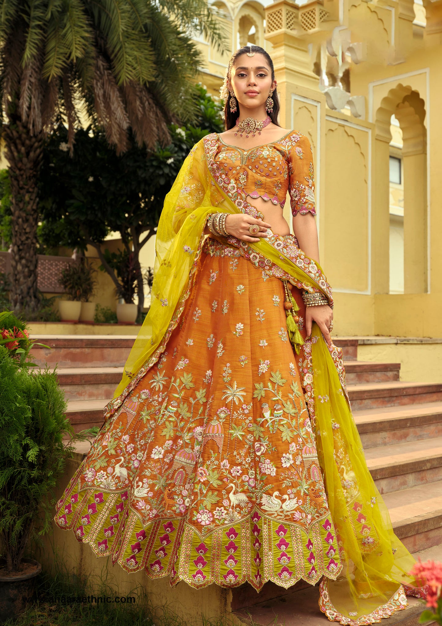 Green & Orange Silk Heavy Cut Work and Mirror Embroidery Bridal Lehenga