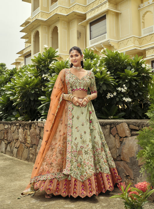 Green & Orange Silk Heavy Cut Work and Mirror Embroidery Bridal Lehenga
