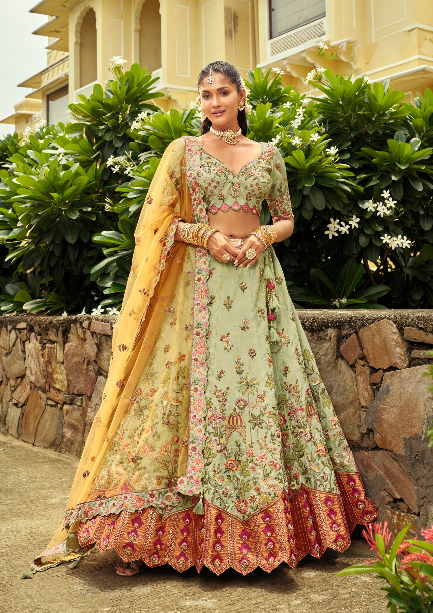 Green & Orange Silk Heavy Cut Work and Mirror Embroidery Bridal Lehenga