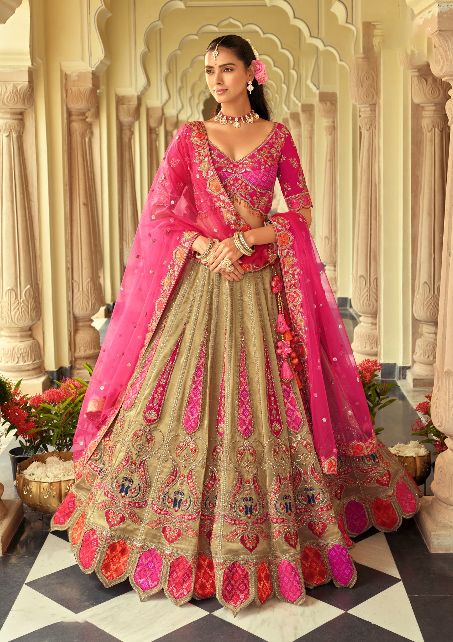 Cream & Rani Pink Silk Heavy Cut Work and Mirror Embroidery Bridal Lehenga