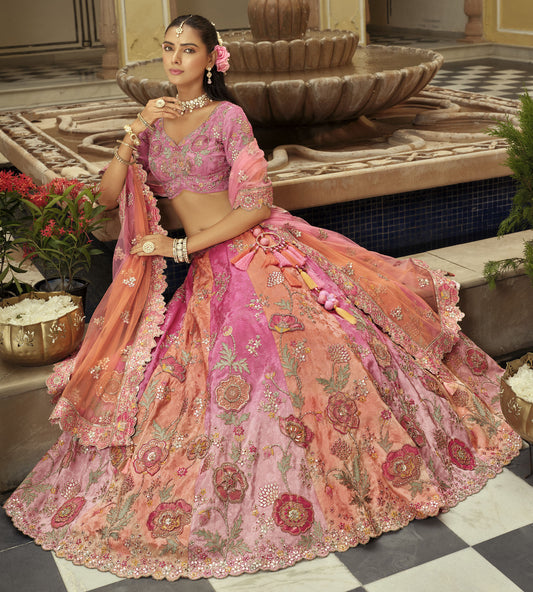 Blush Pink and Mauve Silk Heavy Cut Work and Mirror Embroidery Bridal Lehenga