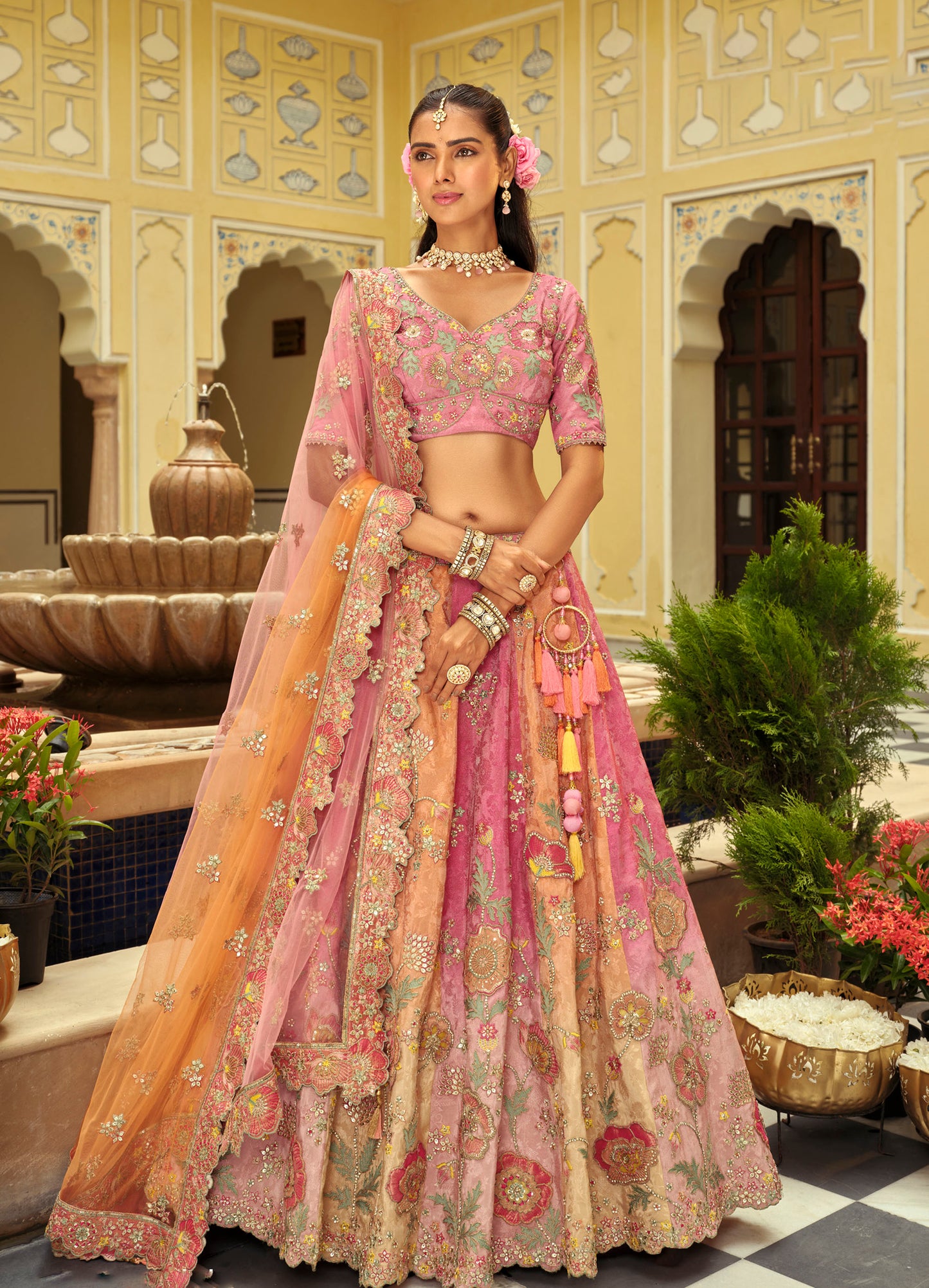 Blush Pink and Mauve Silk Heavy Cut Work and Mirror Embroidery Bridal Lehenga