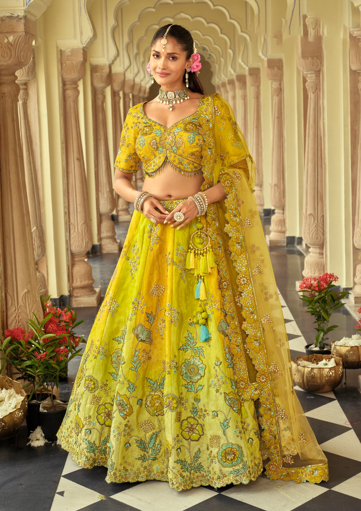 Mustard Green Silk Heavy Cut Work and Mirror Embroidery Bridal Lehenga for Mehendi