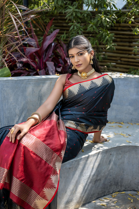 Elisha Pyramid Black Raw silk Zari woven Saree