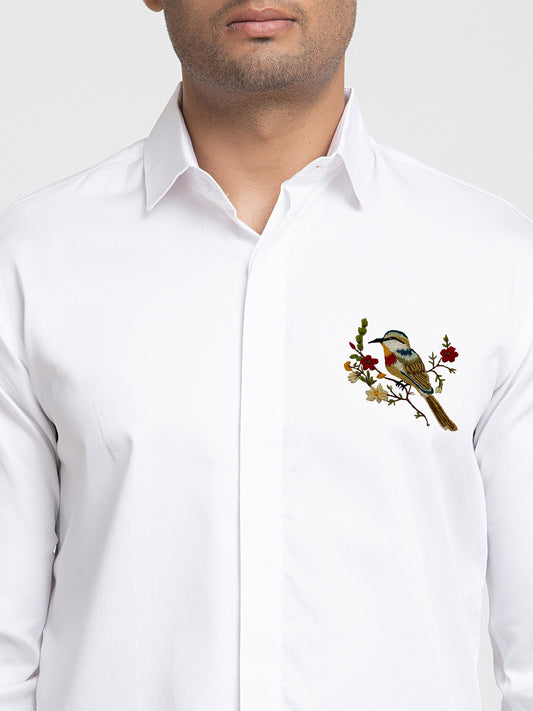 White Giza Cotton Bird and stem embroidery shirt