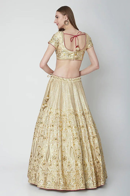 Off White Raw Silk Round Gota Patti Embroidered Lehenga Set