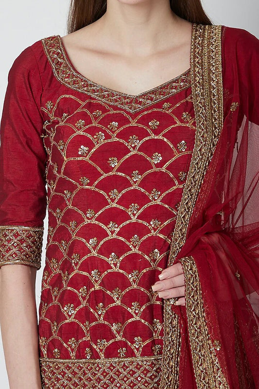 Maroon Silk Dabka & Gota Embroidered Motifs Sharara Set
