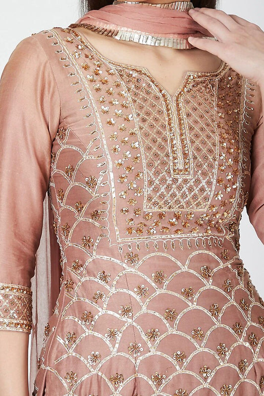 Peach Georgette Naksha Embroidery Split Chanderi Kurta Sharara Set