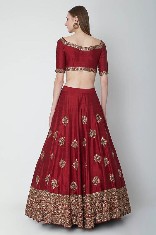 Maroon Silk Sweetheart Neck Nakshi, Gota Embroidered Lehenga Set