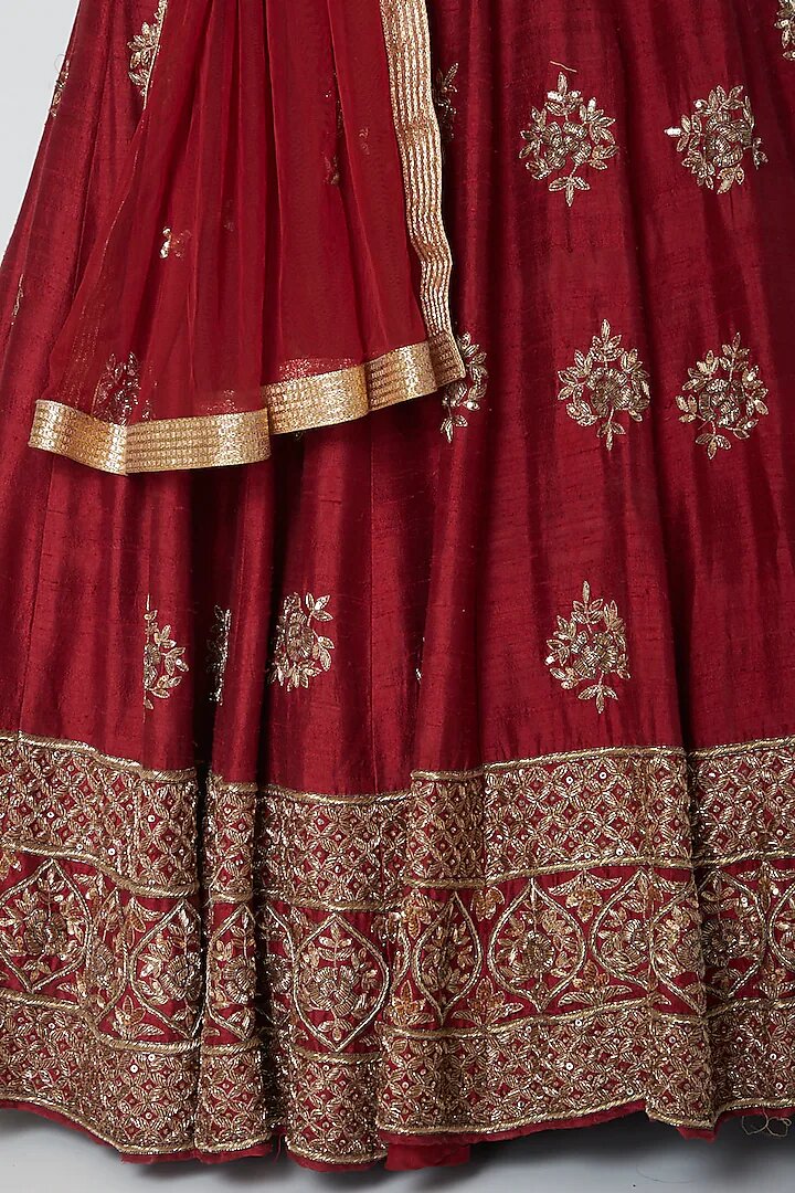 Maroon Silk Sweetheart Neck Nakshi, Gota Embroidered Lehenga Set