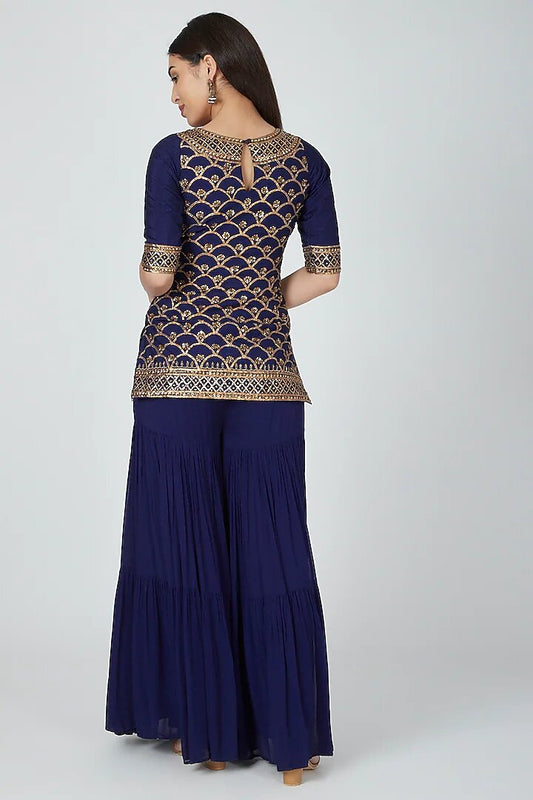 Dark Blue Sharara Set with Naksha ,Sequins Embellishments