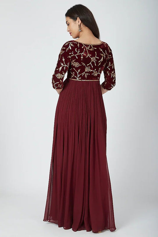 Wine Velvet Gota Embroidered Anarkali With Dupatta