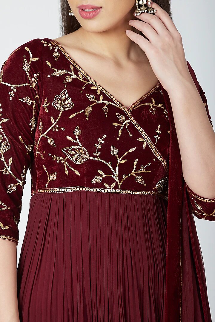 Wine Velvet Gota Embroidered Anarkali With Dupatta