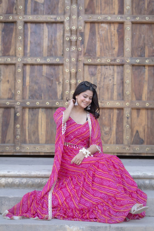 Inayat Pink Chiffon Bandhani Cape Lehenga Set