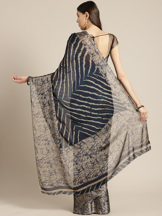 Navy & Grey Striped Crepe Saree With Blouse