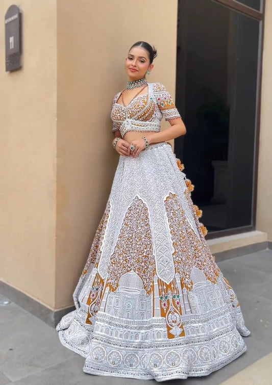 Mustard Georgette Taj Motif Bridal Lehenga