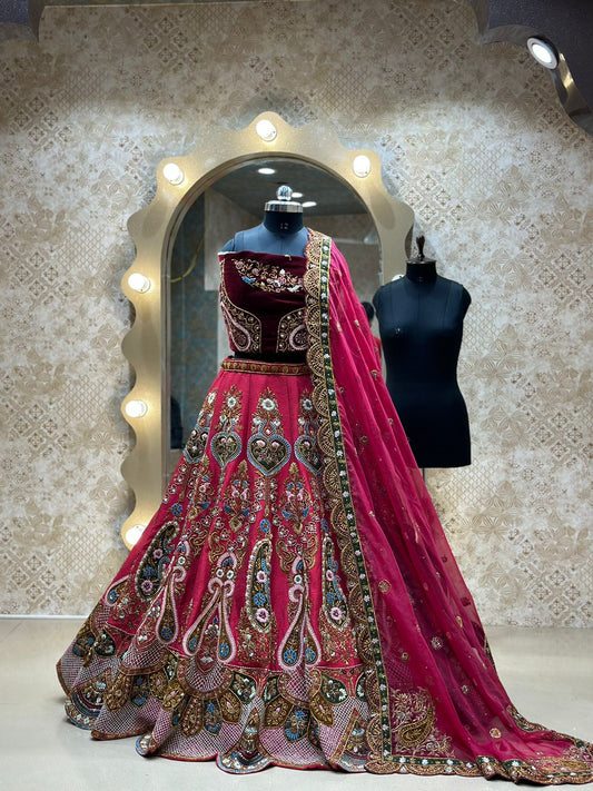Fire Brick Red Raw Silk Sequence and pearl Bridal Lehenga