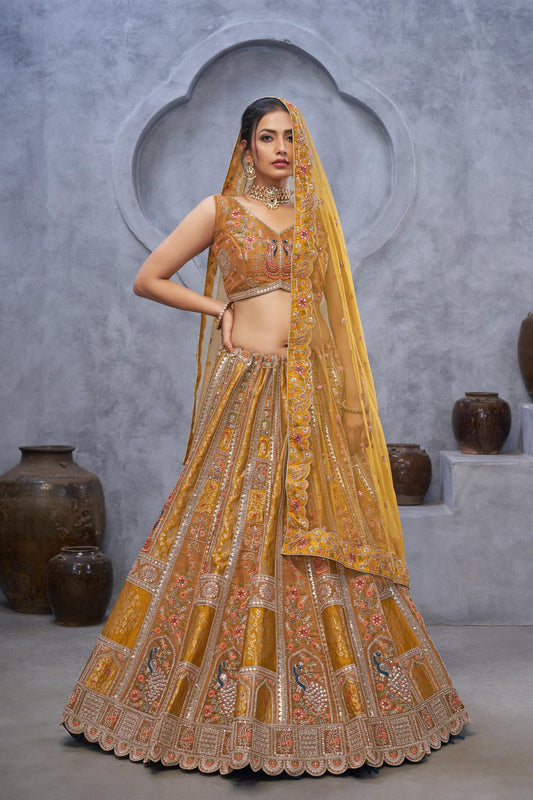 Mustard Banarasi Silk Zari Embroidery Bridal Lehenga
