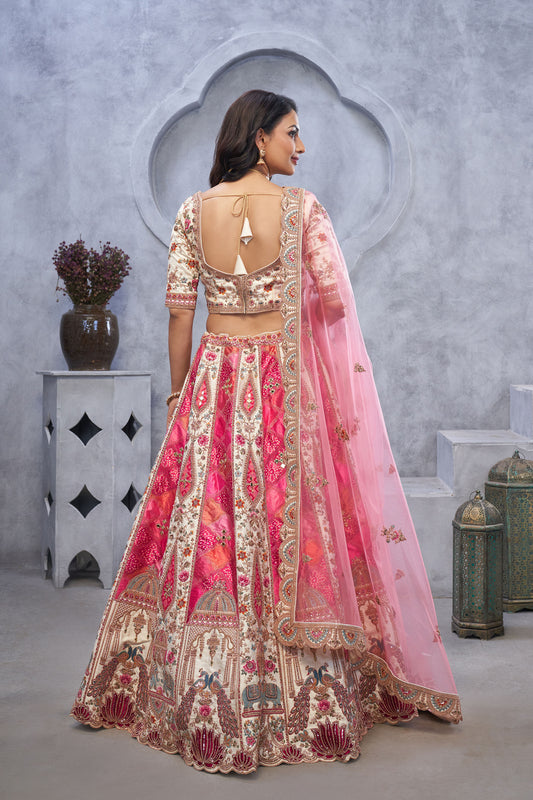 Ivory Bridal Lehenga With Temple Motifs, Peacock Designs & Bandhej Jacquard Patches