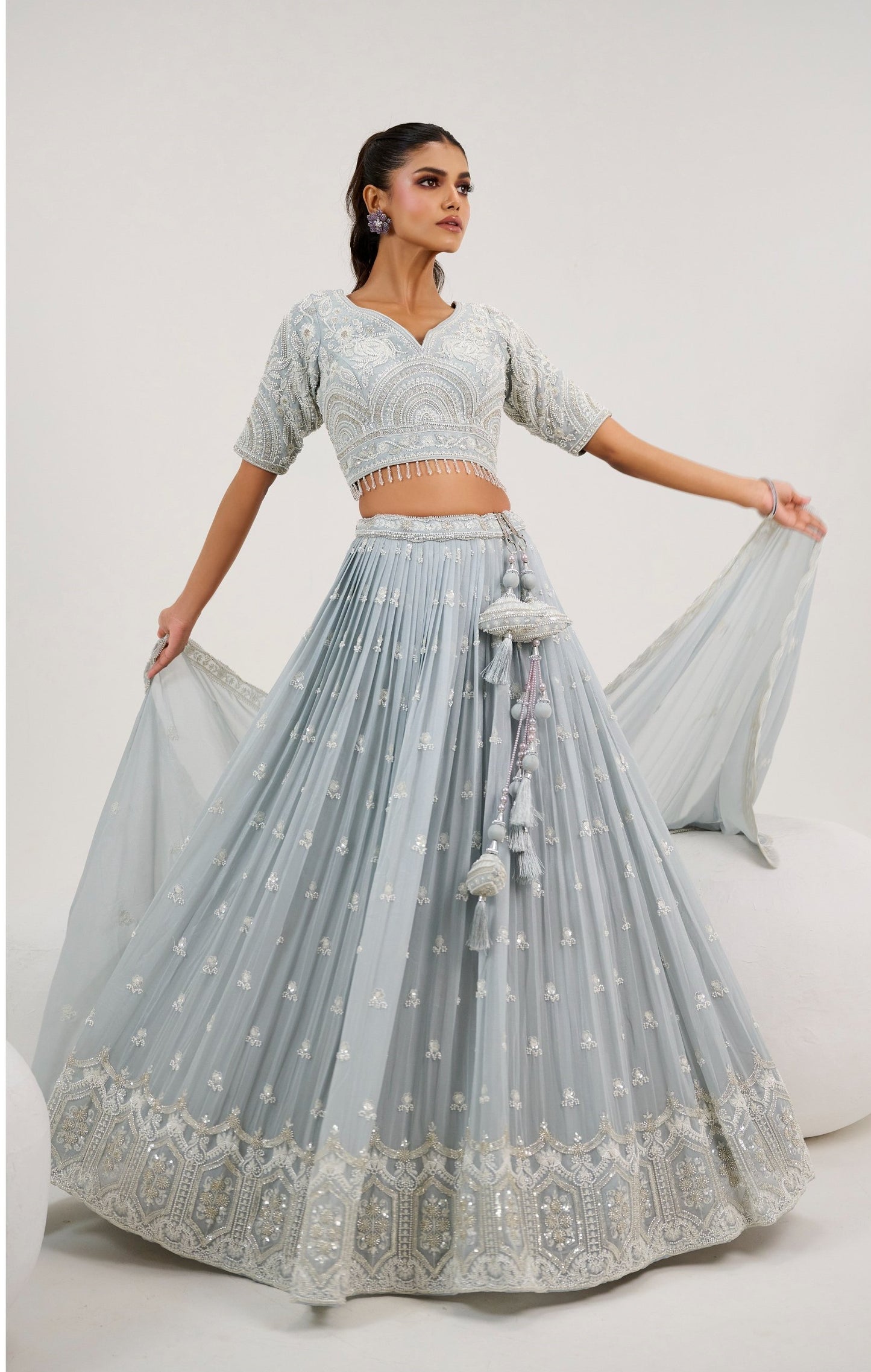Grey Thread Embroidered Georgette Bridesmaid Lehenga Choli