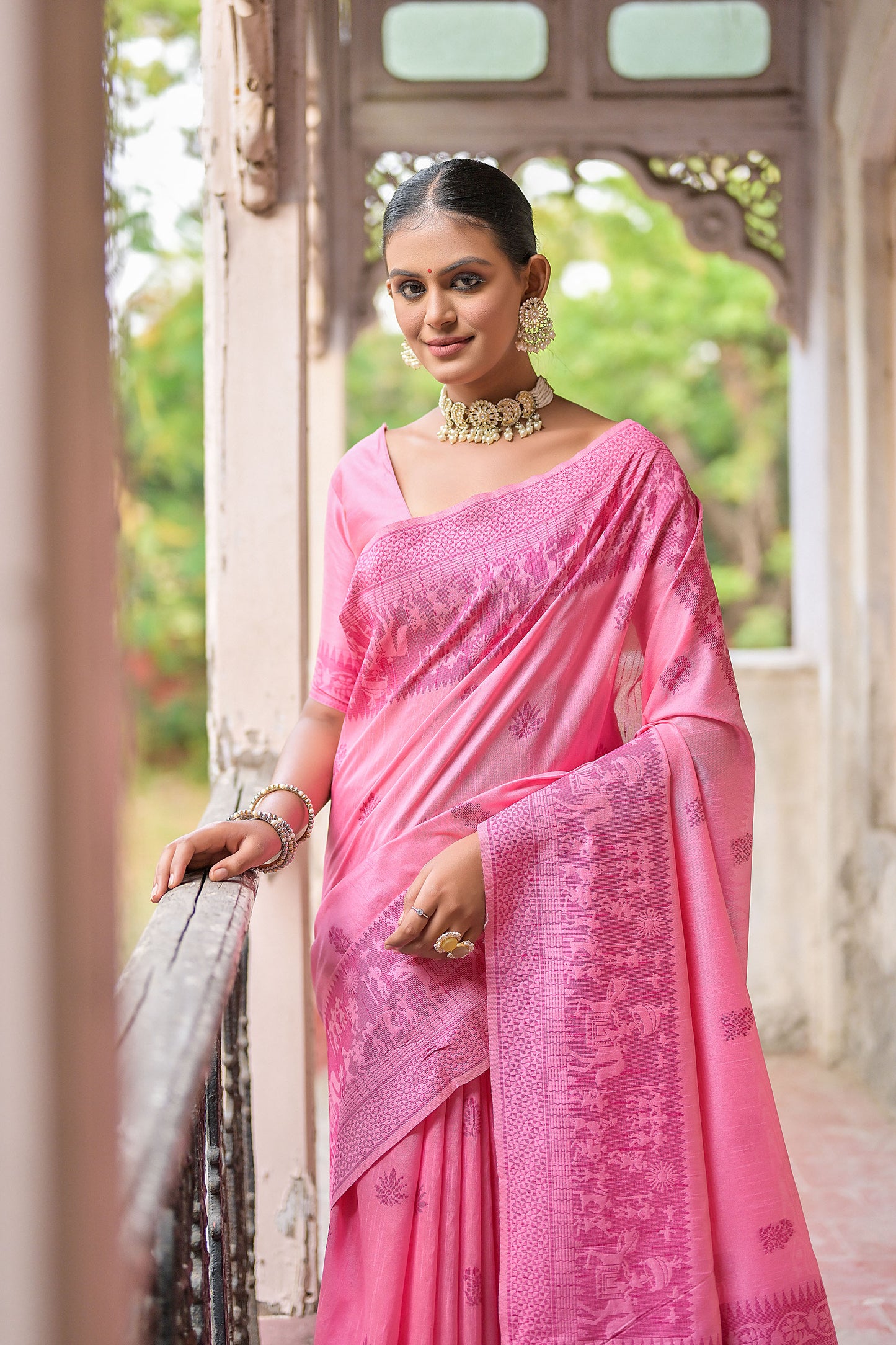 Pink Handloom Raw silk contrast woven Saree