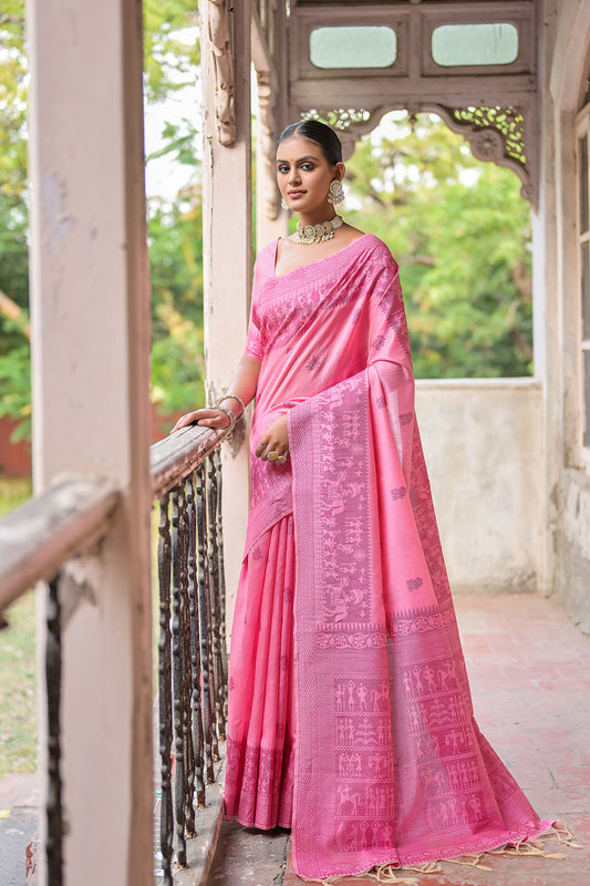 Pink Handloom Raw silk contrast woven Saree