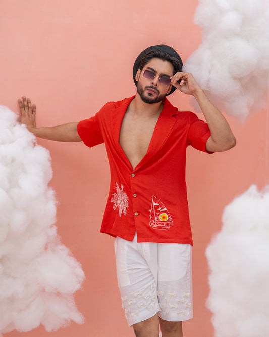 Beach boat Orangish Red Linen Cotton shirt