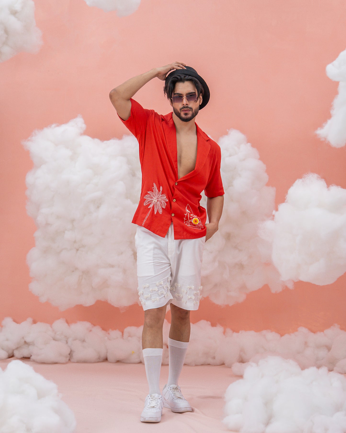 Beach boat Orangish Red Linen Cotton shirt