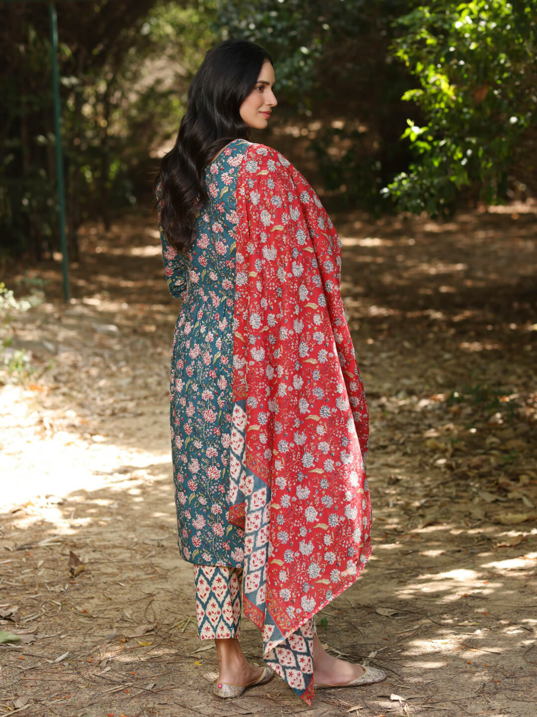 Titli - Floral Print Pure Cotton a-line Kurta Set With Mulmul Dupatta and Intricate Embroidery Work