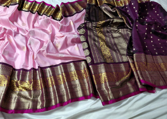 Baby pink and Wine Pallu Pure Gadwal Pattu handloom Saree
