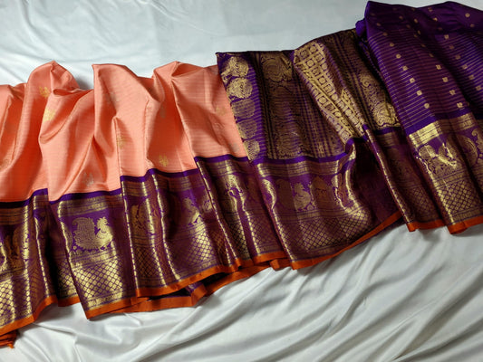 Orange with Dark Blue Pallu Pure Gadwal Pattu handloom Saree