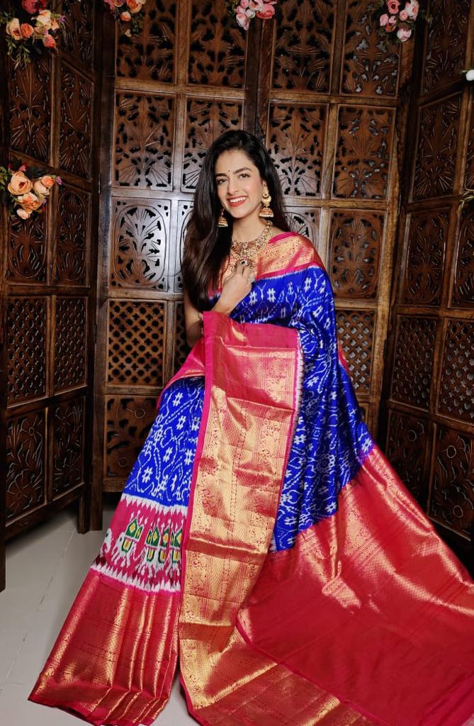 Dark Blue and Red Pure Ikkat silk Saree