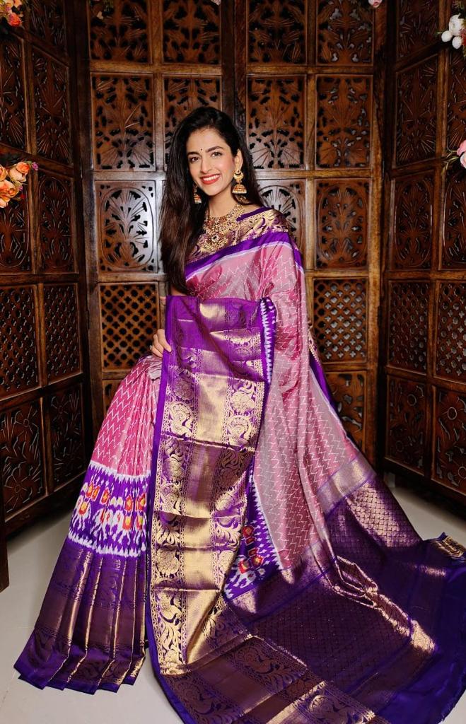 Pink Zig Zag pattern Pure Ikkat silk Wedding Saree