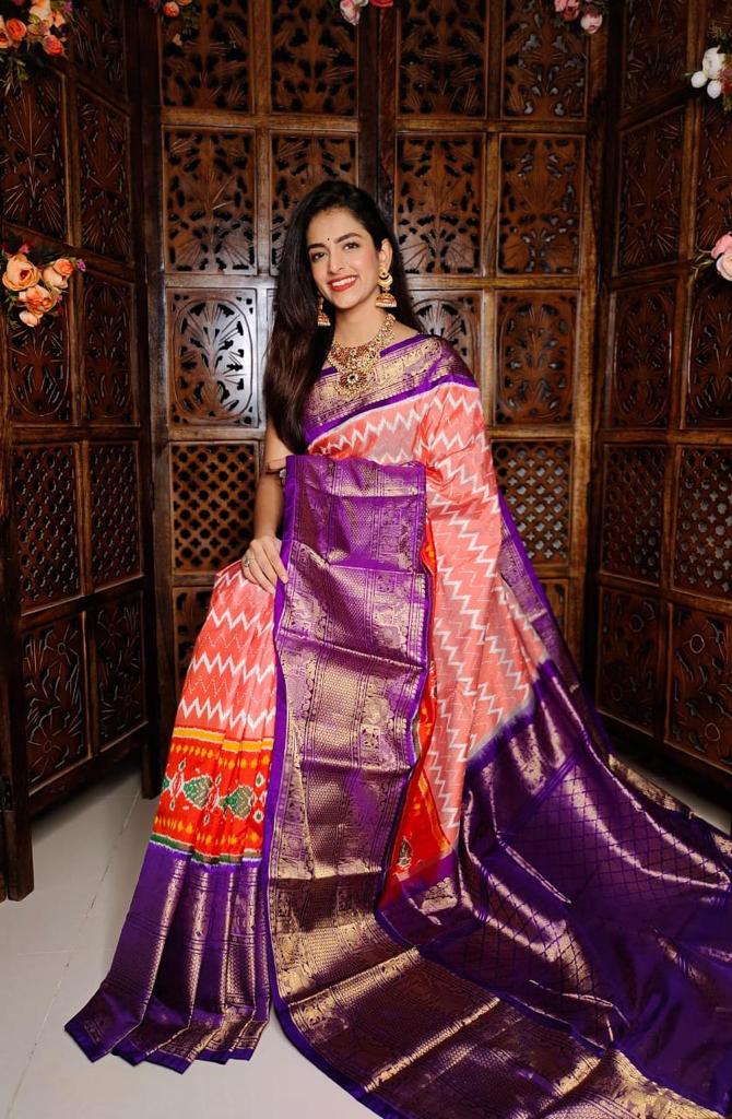 Orange Pure Ikkat silk Saree