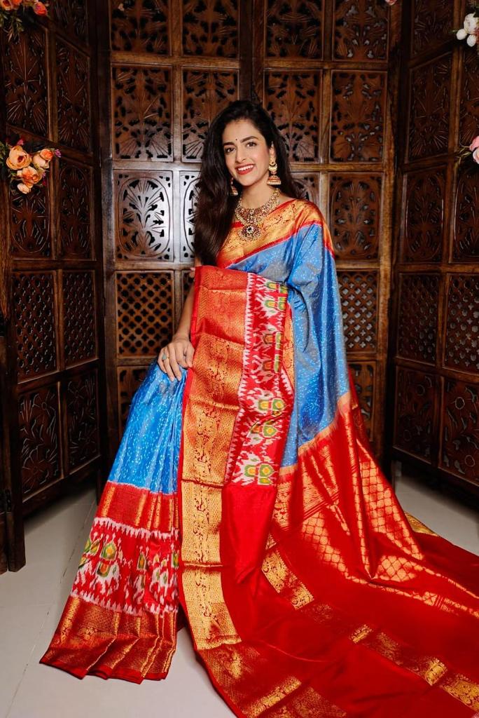 Sky blue and Ikkat Pure Pochampally Handloom Saree