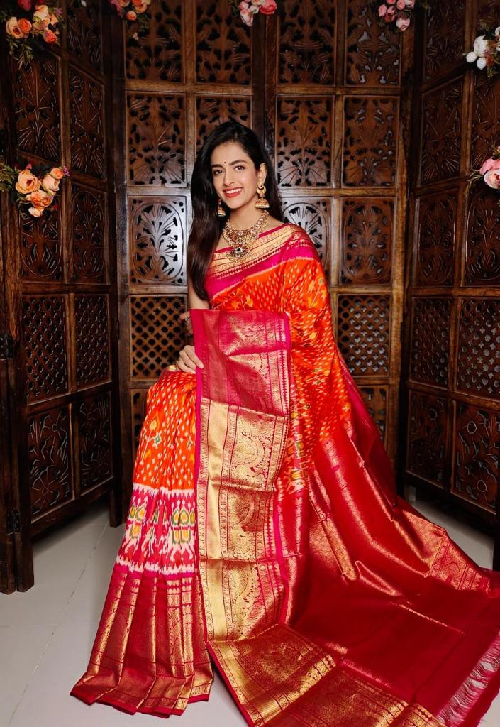 Orange and red Ikkat Pure Pochampally Handloom Saree